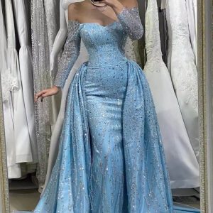 Elegant Blue Sequin Off-Shoulder Sweetheart Evening Gown with Long Ruffles
