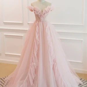 Pink Off Shoulder Tulle Prom Dress