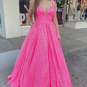 Hot Pink Prom Dress Spaghetti Strap with Elegant Ball Gown