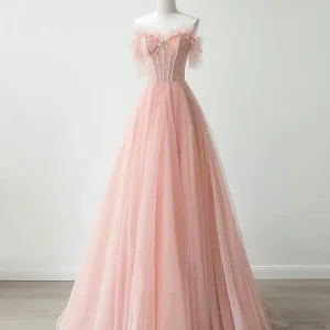 Peach Pink Strapless Tulle See Through Sheer Prom Dress