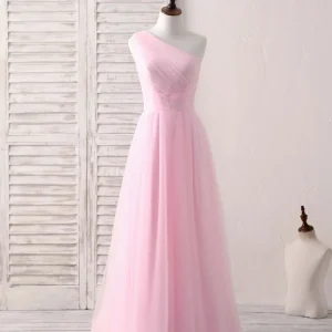 Elegant Pink Tulle One-Shoulder Long Prom Gown - Perfect Bridesmaid Dress