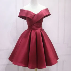 Elegant Off-Shoulder A-Line Satin Burgundy Short Prom & Homecoming Dress