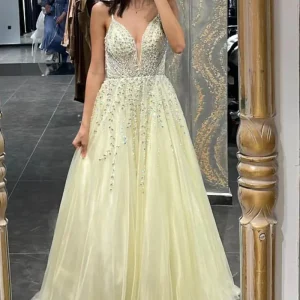 Daffodil Spaghetti Strap Beaded Tulle A-Line Prom Dress Evening Gown