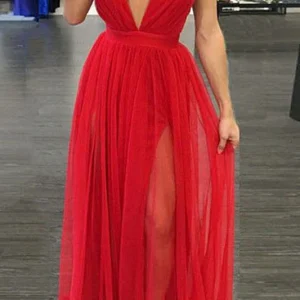 Stunning Red Deep V-Neck Long Prom Dress with Slit, Elegant Formal Evening Gown