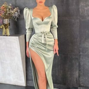 Elegant Dusty Sage Long Sleeve Prom Dress with Split and Bowknot Detail