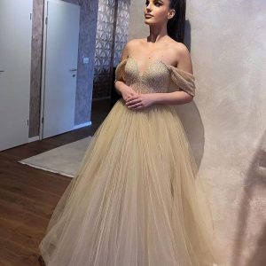 Elegant Sweetheart Off-Shoulder Beaded A-Line Wedding Gown with Tulle Ruffles