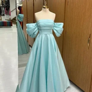 A-Line Off-Shoulder Satin Blue Long Prom Dress with Lace-Up Back