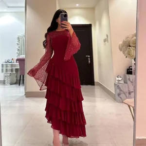 Dam Ankellång Paljett O-ringad Flerskiktad Vinröd Aftonklänning