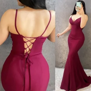 Burgundy Satin Spaghetti-Strap Backless Prom Evening Dress with Lace-Up