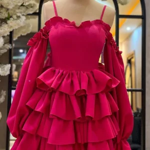 Satin Spaghetti Strap Ruffled Long Sleeve Layered Homecoming Evening Gown