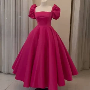 Ankle-Length Satin Ball Gown with Puffy Sleeves and Built-In Bra