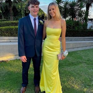 Yellow Satin Mermaid Prom Dress with Open Lace-Up Back