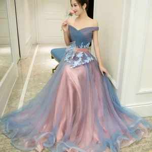 Gray Blue Tulle Off Shoulder Long Evening Prom Dress