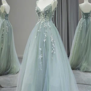 Spaghetti Strap Tulle Floor-Length V-Neck Backless Formal Dress