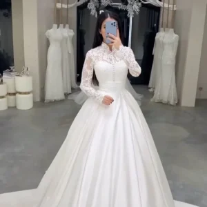 Elegant Satin Lace Wedding Bridal Gown Long Dress