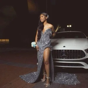 Silver Gray Mermaid Sequin Evening Prom Dress for Women Party