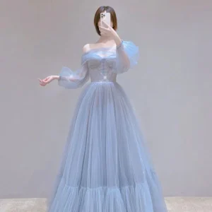 Blue Tulle Long Prom Dress with Built-In Bra and Zipper