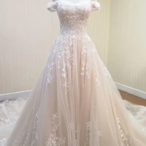 Off Shoulder Tulle Wedding Dress with Sweep Train Lace-Up Back