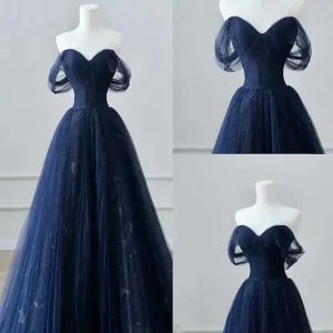 A-linjeformad Off-Shoulder Tyll Spets Mörkblå Lång Balklänning