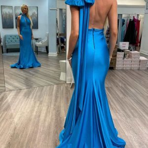Royal Blue Satin Halter Backless Mermaid Evening Gown Formal Dress