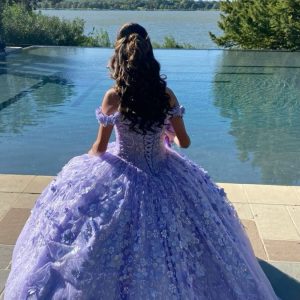 Lavendelfärgad 3D-blomma Hjärtformad tyllbalklänning Quinceanera-klänning