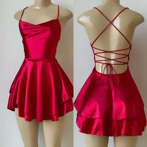 Red Satin Sleeveless Lace-Up Mini Prom Dress Elegant Party