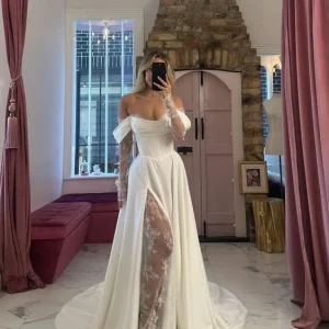 Satin Off-Shoulder Lace Slit Long Sleeve  Corset Wedding Dress