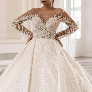 Glamorous Long Sleeve Bateau A-Line Satin Bridal Gown with Crystal and Pearl
