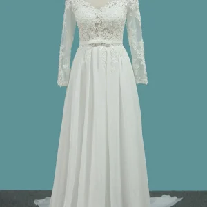 Elegant Long Sleeve A-Line Chiffon Wedding Dress with Exquisite Ruffles