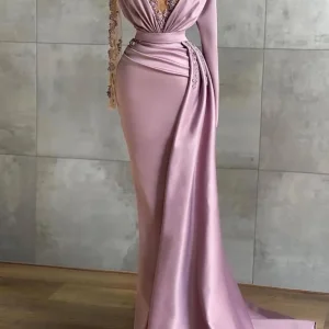 Elegant Lavender V-Neck Prom Dress with Long Sleeves, Ruffles, and Applique Mermaid Design