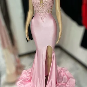 Pink Tulle Mermaid Prom Dress with Appliques and Slit Evening Gown