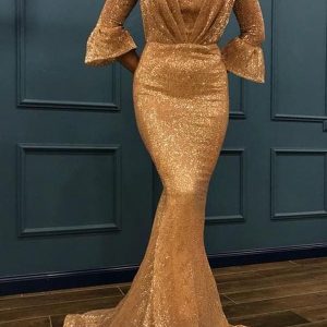 Elegant Sequin Mermaid Prom Dress: V-Neck, 3/4 Sleeves, Ruffles, Sweep Train