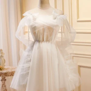 Romantic Flowy Sheer Tulle Short White Prom Dress Occasion Dress