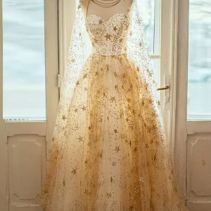 Glamoröst stjärntryck Champagne lång balklänning