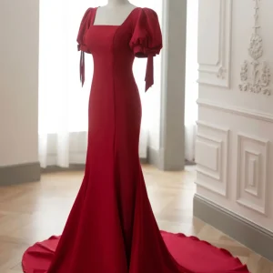 Röd fyrkantig hals sjöjungfruaftonklänning Balklänning med korta ärmar