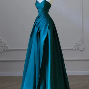 Peacock Blue Satin A-Line Long Prom Dress, Elegant Evening Gown