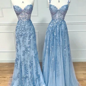 Dusty Blue See Through Sheer Lace Prom Dress