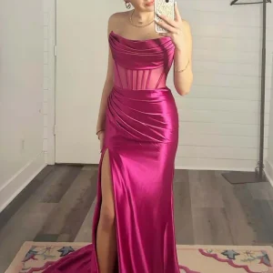 Hot Pink Cowl Neck Corset Mermaid Long Formal Dress with High Slit