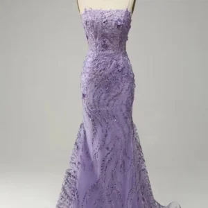 Glamorous Purple Applique Spaghetti Strap Mermaid Prom Dress for Elegant Evenings
