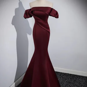 Off the Shoulder Satin Burgundy Mermaid Prom Dress Formal Gown