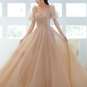 Champagne Tulle Beads Long Prom Evening Dress