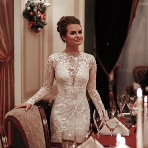 Elegant Long Sleeve High Neck Mermaid Wedding Dress with Lace Appliques