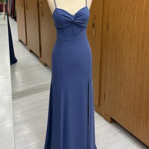 Navy Twist-Front Long Evening Dress with Side Slit