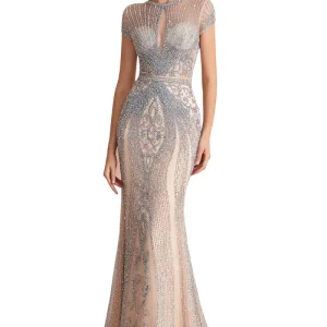 Charming Gold Embellished Long Sleeve Mermaid Evening Dress with Sweep Train