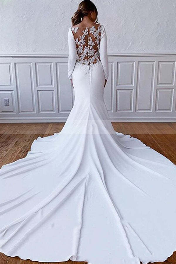 Long Sleeve Illusion Lace Back Sheath Wedding Dress with Appliques - Bild 3