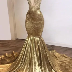 Gold High-Neck Sleeveless Mermaid Prom Dress with Lace Appliques