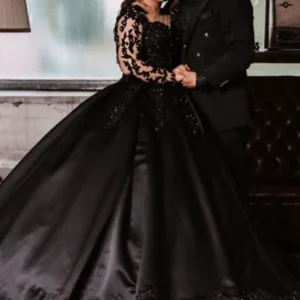 Elegant Black Ball Gown Wedding Dress with Long Sleeves and Appliques