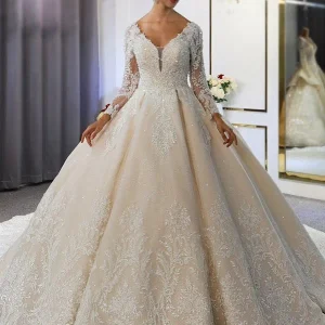 Elegant A-Line Sweetheart Wedding Dress with Long Sleeves, Lace Appliques & Sequins
