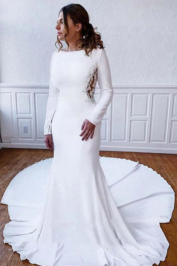 Long Sleeve Illusion Lace Back Sheath Wedding Dress with Appliques - Bild 2