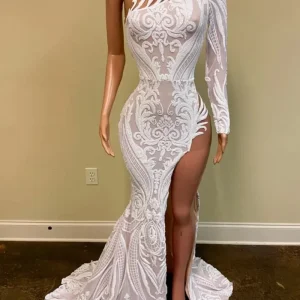 Elegant White Sequin One-Shoulder Mermaid Prom Gown with Long Sleeve & Slit